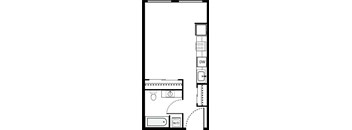 A floor plan of a room with a kitchen area and a bathroom.