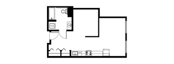 A floor plan of a room with a kitchen area and a bathroom.