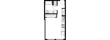 A floor plan of a room with a W/D, a toilet, a sink, a bed, and a bathtub.