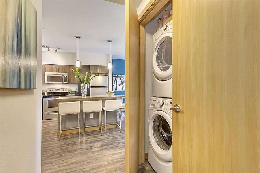 a kitchen with a washing machine and a dryer in it