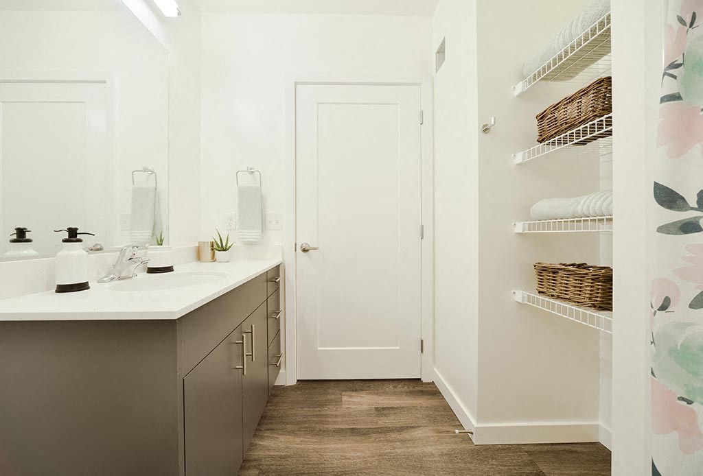 a bathroom with a sink and a mirror