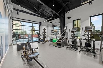 the gym with weights and cardio equipment at the renaissance apartments