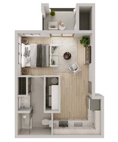 a floor plan of a studio apartment with a bedroom and a living room
