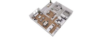 A 3D floor plan of a house with a living room, dining room, kitchen, and bedrooms.