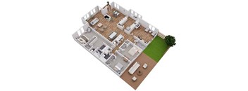 A 3D floor plan of a house with a green lawn.