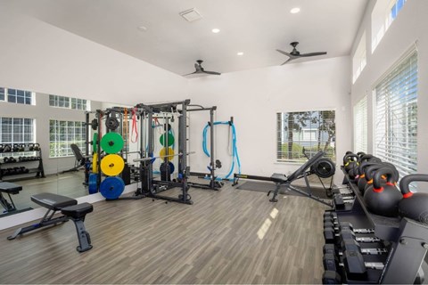 A spacious home gym with a variety of exercise equipment.