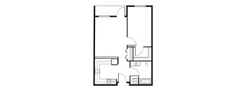 A floor plan of a room with a kitchen area and a bathroom.