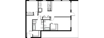A floor plan of a house with a kitchen, living room, and two bedrooms.