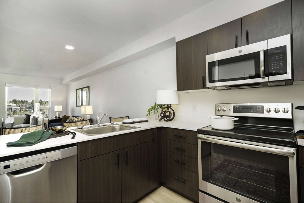 A modern kitchen with dark wood cabinets and stainless steel appliances.