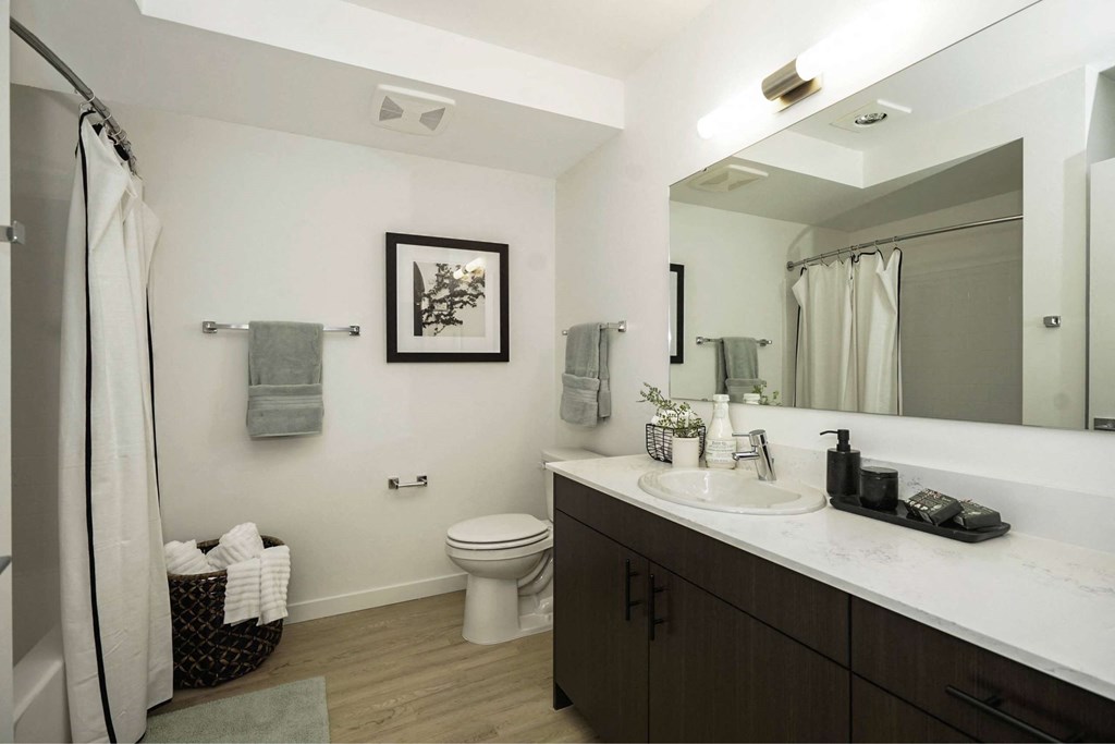 A bathroom with a toilet, sink, and mirror.