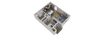 A 3D image of a small apartment with a kitchen, living room, and bedroom.