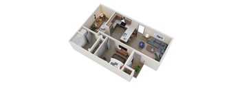 A 3D floor plan of a small apartment with a kitchen, living room, and bedroom.