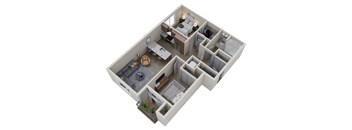A 3D image of a small apartment layout.