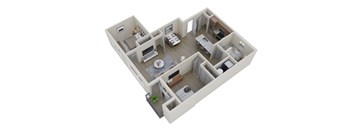 A 3D image of a house layout with a living room, kitchen, dining room, and bedrooms.