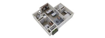 A 3D floor plan of a house with a kitchen, living room, and bedrooms.