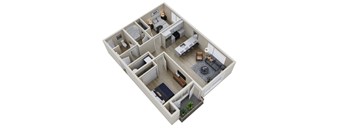 A 3D floor plan of a house with a kitchen, living room, and two bedrooms.