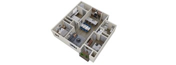 A 3D image of a house layout with a kitchen, living room, dining room, and bedrooms.