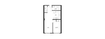 A floor plan of a small apartment with a living room, bedroom, and bathroom.