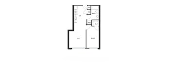 A floor plan of a small apartment with a living room, kitchen, bathroom, and bedroom.