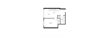 A floor plan of a room with a living area, a bathroom, and a sleeping area.