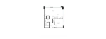 A floor plan of a small apartment with a living room, dining room, kitchen, bathroom, and bedroom.
