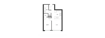A floor plan of a small apartment with a sleeping area, a living area, a kitchen, and a bathroom.