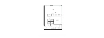 A floor plan of a small apartment with a living room, sleeping area, and bathroom.