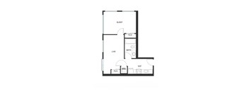 A floor plan of a small apartment with a living room, bedroom, and bathroom.