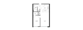 A floor plan of a small apartment with a sleeping area, a living area, a bathroom, and a kitchen.