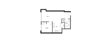 A black and white image of a floor plan for a small apartment.