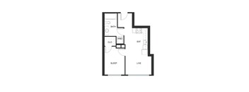 A floor plan of a small apartment with a bathroom, kitchen, living room, and bedroom.