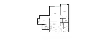 A floor plan of a house with labeled rooms such as bedrooms, a living room, a kitchen, and a bathroom.