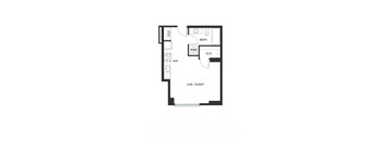 A floor plan of a room with a living area, dining area, kitchen, bathroom, and bedroom.