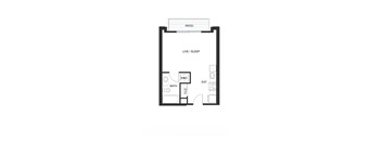 A floor plan of a small apartment with a living/sleeping area, bathroom, and kitchen.