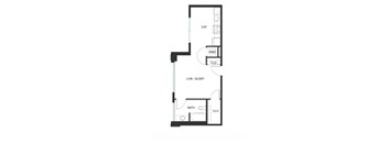 A floor plan of an apartment with a living room, dining room, kitchen, and bathroom.