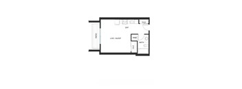 A floor plan of a small apartment with a living room, kitchen, and bathroom.