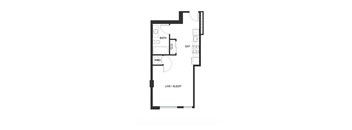 A floor plan of a small apartment with a bathroom, kitchen, and living/sleeping area.