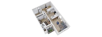 A top down view of a small apartment with a kitchen, living room, and bedroom.