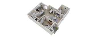 A 3D floor plan of a house with a kitchen, living room, dining room, and bedrooms.