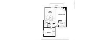 A black and white image of a floor plan for a balcony, master bedroom, living/dining room, kitchen, bathroom, and another bedroom.