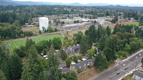 A view of a town with a large white building in the middle of a green field.