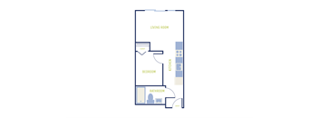 A floor plan of a house with a living room, kitchen, bedroom, and bathroom.