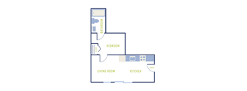 A floor plan of a home with a living room, kitchen, bedroom and bathroom.