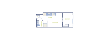 A floor plan of a house with a kitchen, living room, bedroom and bathroom.