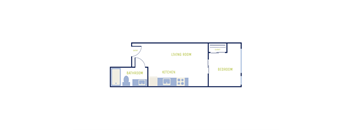 A floor plan of a house with a living room, kitchen, bathroom and bedroom.