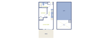 A floor plan of a house with a loft.