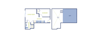 A floor plan of a home with a living room, kitchen, bathroom, and bedroom.