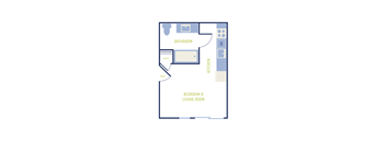 A floor plan of a bedroom and living room.