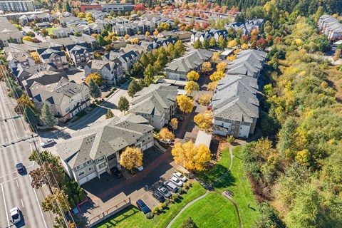 A bird's eye view of a residential area with houses and trees.