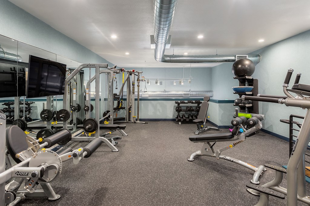 spacious gym with exercise equipment and a tv